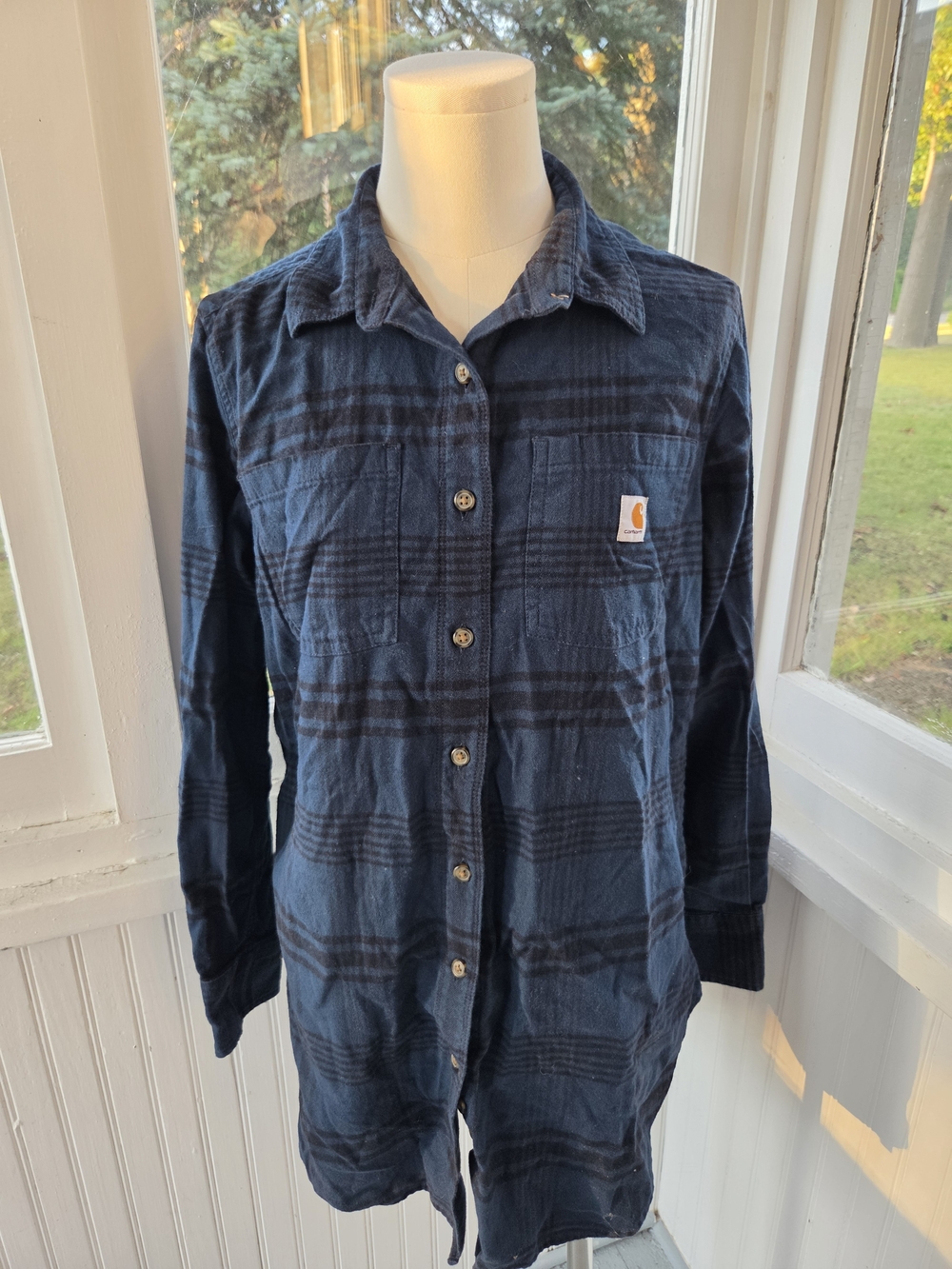 Carhartt Womens Dark Navy Plaid Button-Down Relaxed Fit Shirt Size 8-10